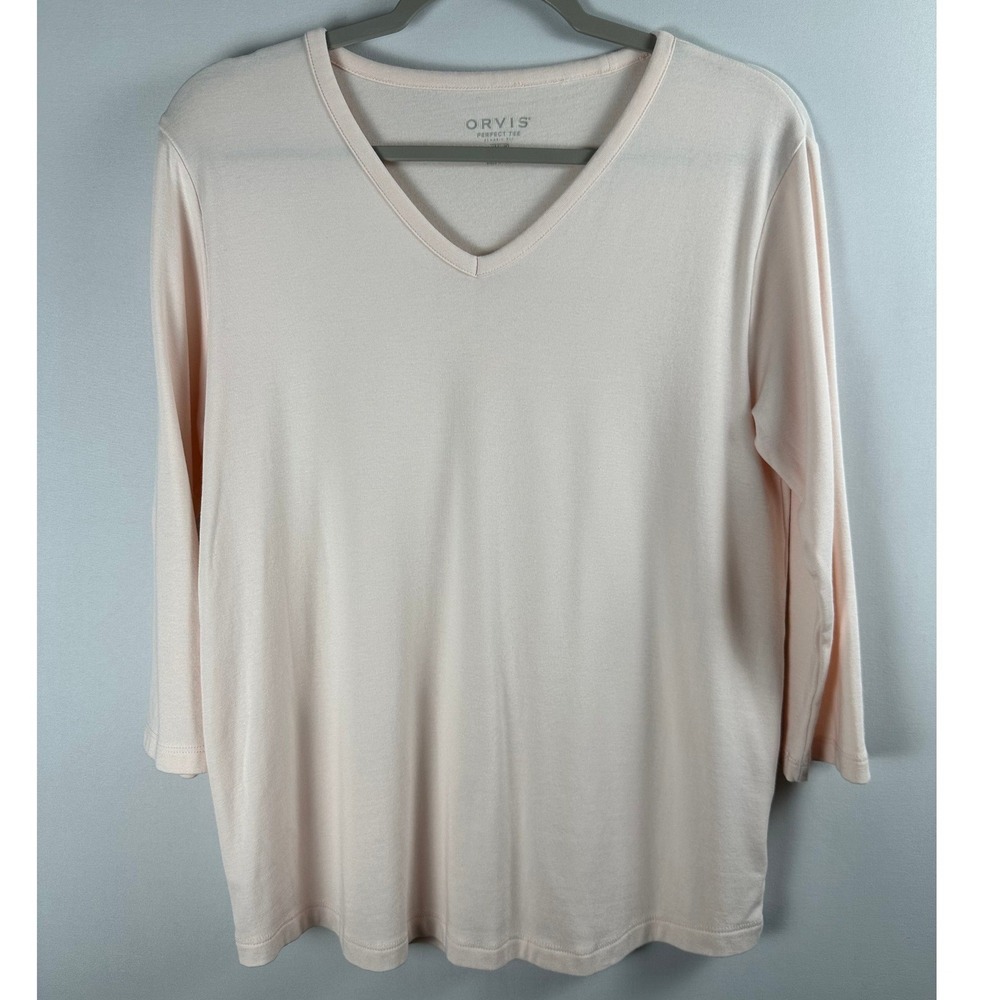 Orvis Perfect Tee Women Medium Pink 3/4 Sleeve V-Neck Pima Cotton Casual Preppy
